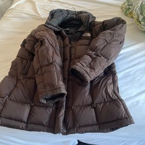 Knee length chocolate brown puffer north face